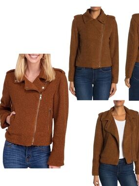 Max Studio Brown Teddy Faux-Shearling Moto Jacket Zipper Details Large